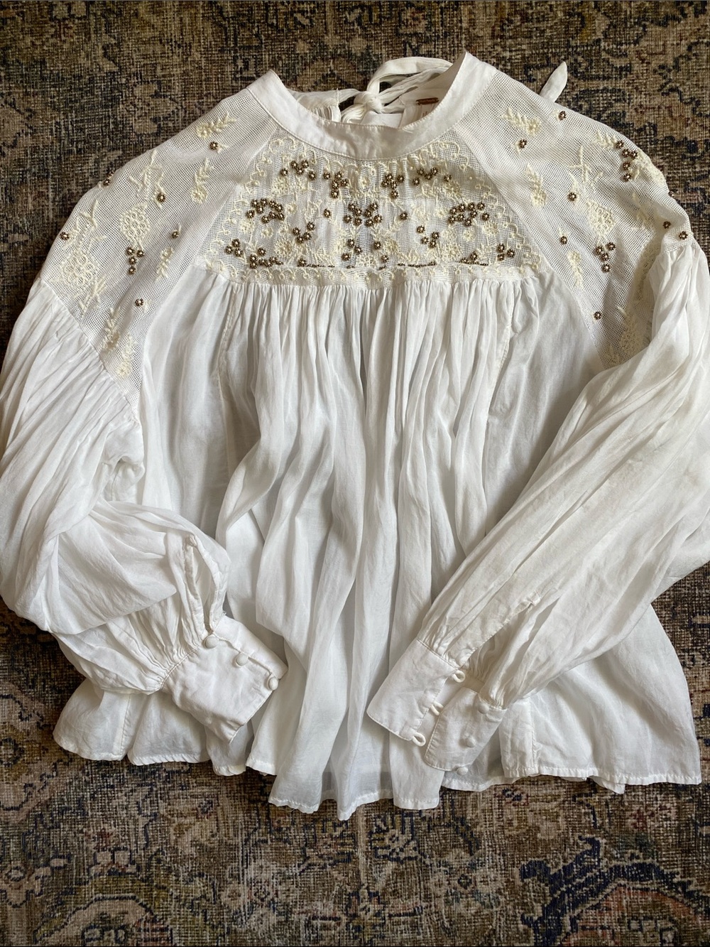 FREE PEOPLE White Embroidered Peasant Blouse with Bead Accents